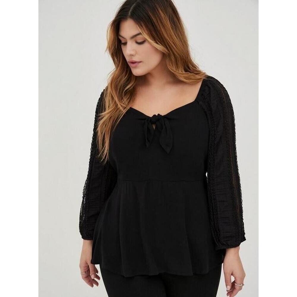 Torrid‎ 4X NWT Black Peplum Blouse Sweetheart Neck Crochet Sleeve